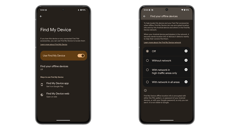 Screenshots from the Find my devices Settings menu