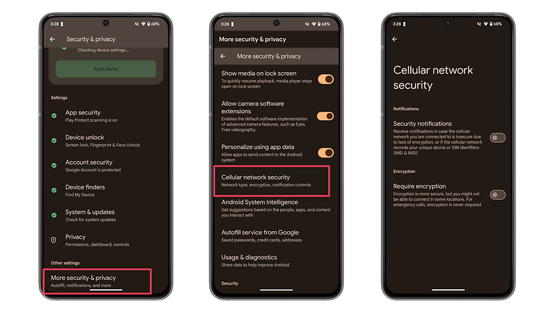 Screenshots showing the new security settings for mobile connections in Android 15 beta 1 Screenshots showing the new security settings for mobile connections in Android 15 beta 1