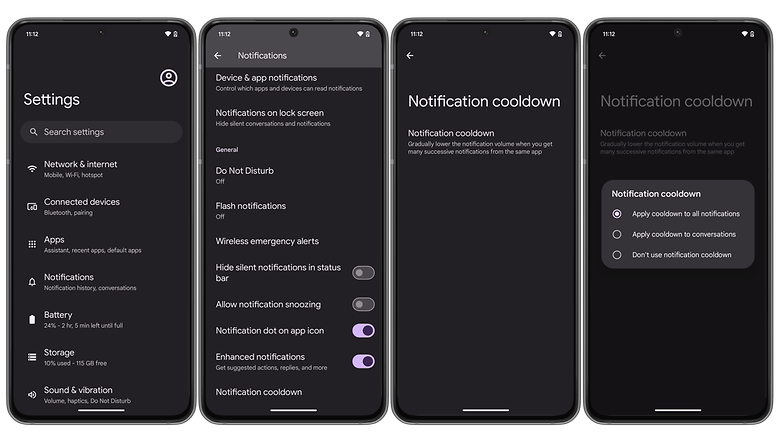 Android 15 screenshots showing the new Notification Cooldown option Android 15 screenshots showing the new Notification Cooldown option