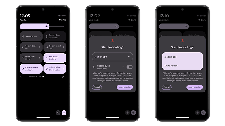 Android 15 screenshots showing the new screen recorder option for app recording Android 15 screenshots showing the new screen recorder option for app recording