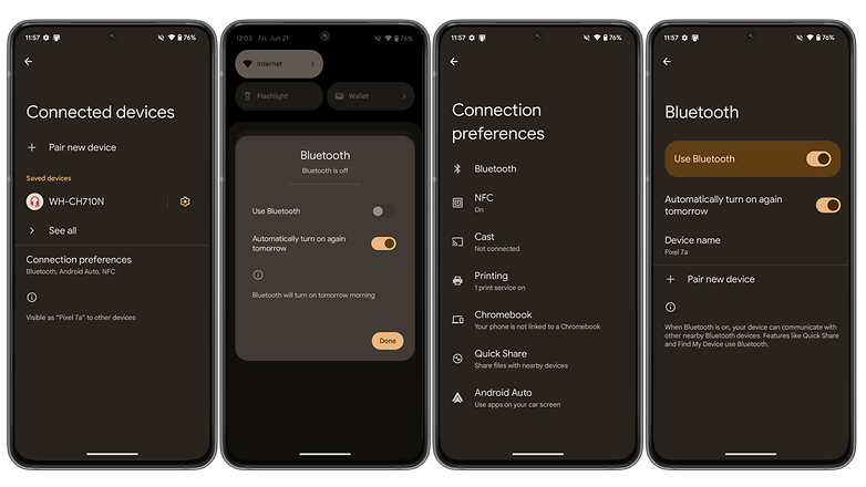 Screenshots showing Android 15's new anto-on Bluetooth toggle Screenshots showing Android 15's new anto-on Bluetooth toggle
