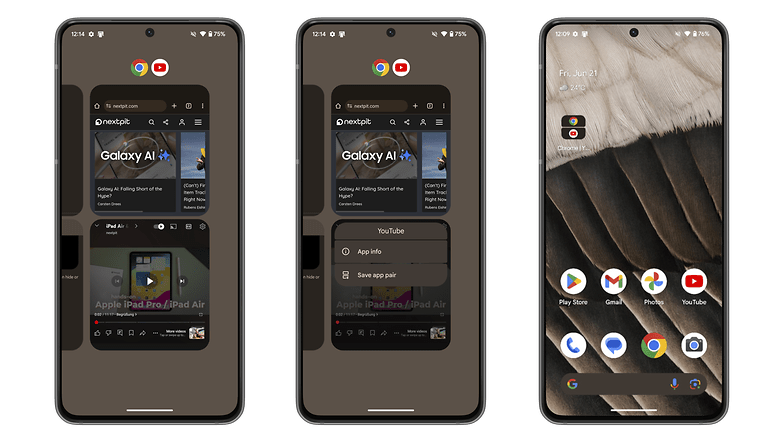 Screenshots showing Android 15's option to save app pairs Screenshots showing Android 15's option to save app pairs