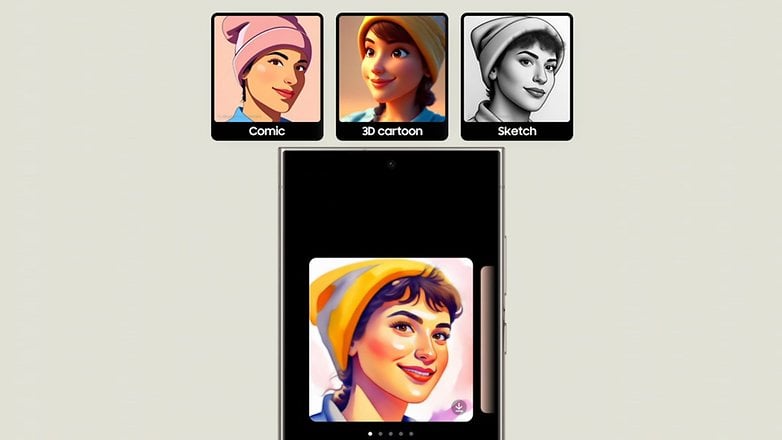 App interface showing four cartoon styles: Comic, 3D cartoon, Sketch, and a central image of a girl. App interface showing four cartoon styles: Comic, 3D cartoon, Sketch, and a central image of a girl.