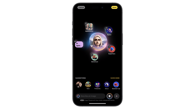 A smartphone screen displaying an app interface with options like 'Appearance', 'Space', and 'Superhero'.