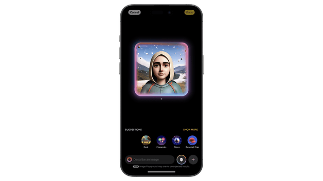 A smartphone displays a digital avatar with a snowy landscape background and suggestions for customization.