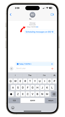 iPhone screen showing iMessage with 'Scheduling messages on iOS 18' and a send later option.