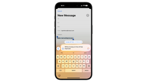 A smartphone displaying a new message screen in an email app with text fields and a keyboard.