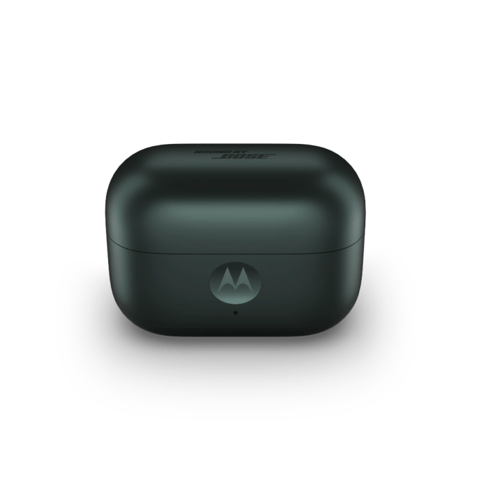 The charging case for Motorola's moto buds loop earbuds, featuring a sleek black design and the Motorola logo.