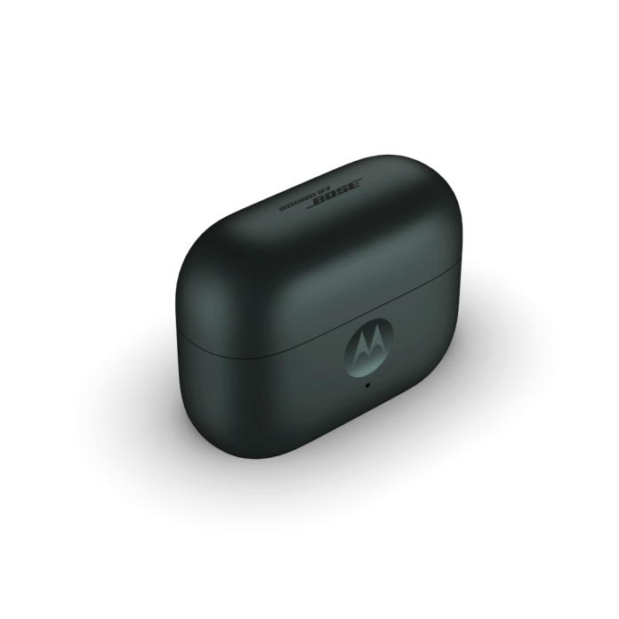 A close-up of the moto buds loop charging case, featuring the Motorola logo and 'Sound by Bose' branding on a sleek black design.