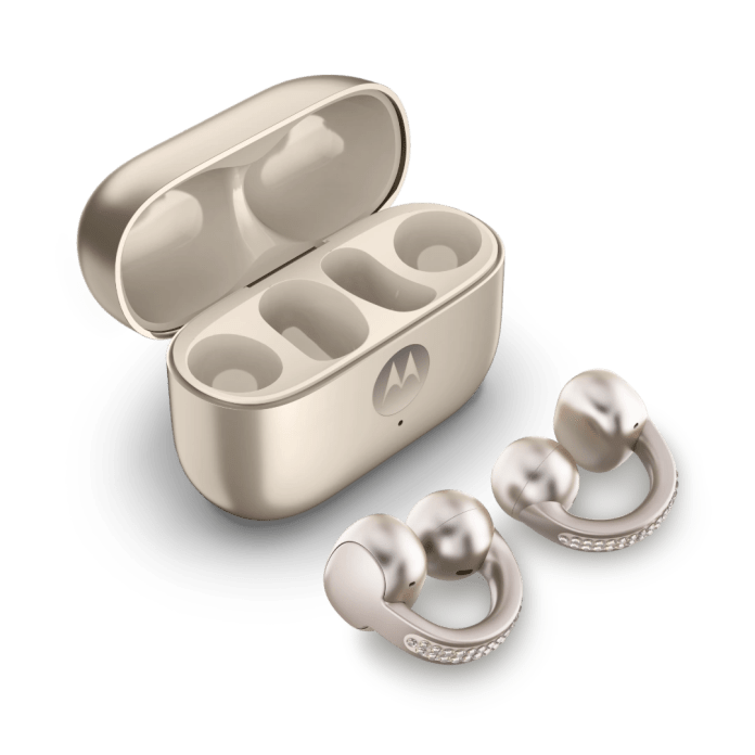 Motorola moto buds loop wireless earbuds with a charging case, featuring an open-ear design and a sleek, luxurious appearance.