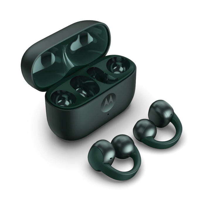 Open-ear bluetooth earbuds in a charging case, featuring a sleek green design with the Motorola logo.