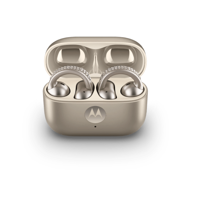 Open-ear Motorola moto buds loop earbuds in a sleek charging case, featuring a luxurious design with crystal embellishments.