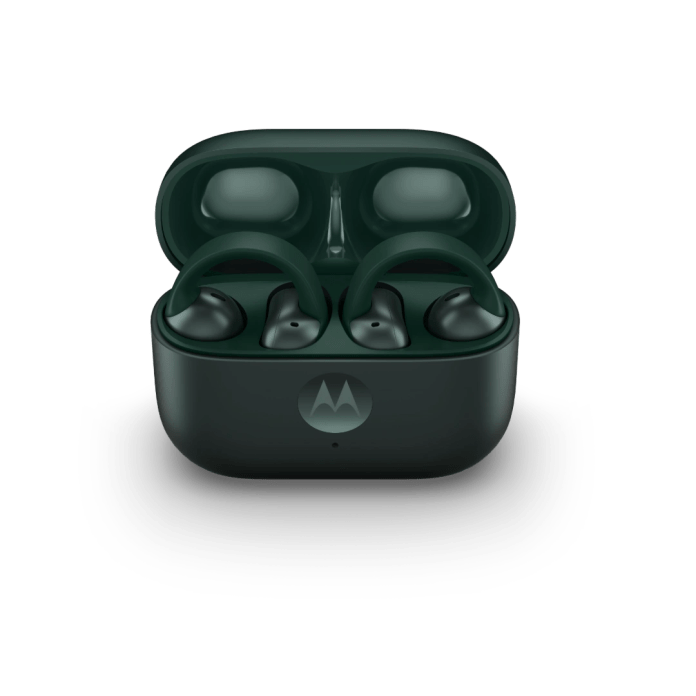 The moto buds loop, featuring a sleek open-ear design, displayed in their charging case.