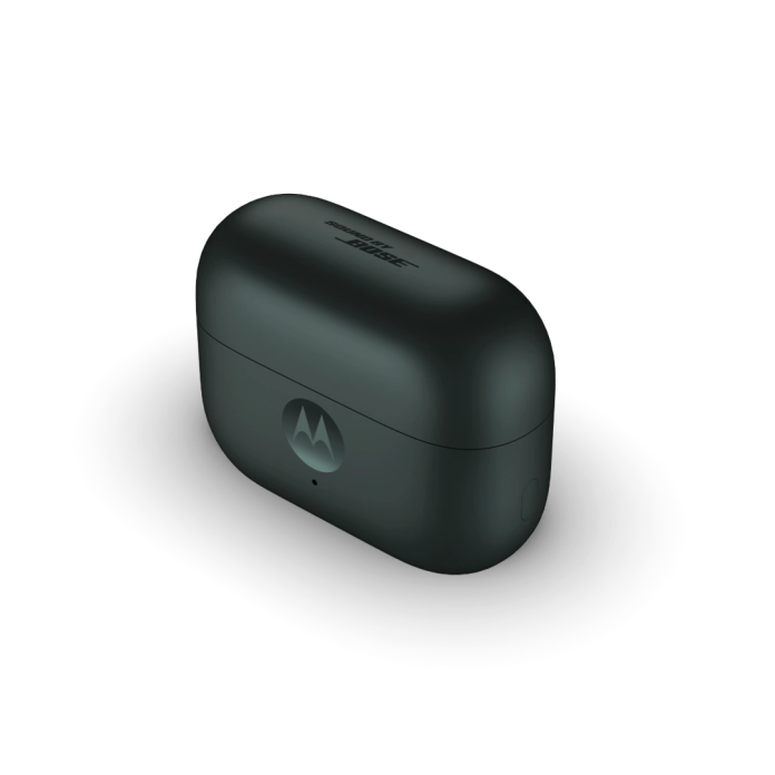 Close-up of the moto buds loop charging case in black, featuring the Motorola logo.