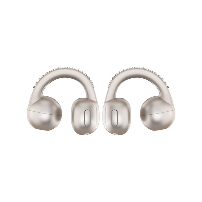 Open-ear wireless earbuds with a luxurious design featuring a crystal-studded finish.