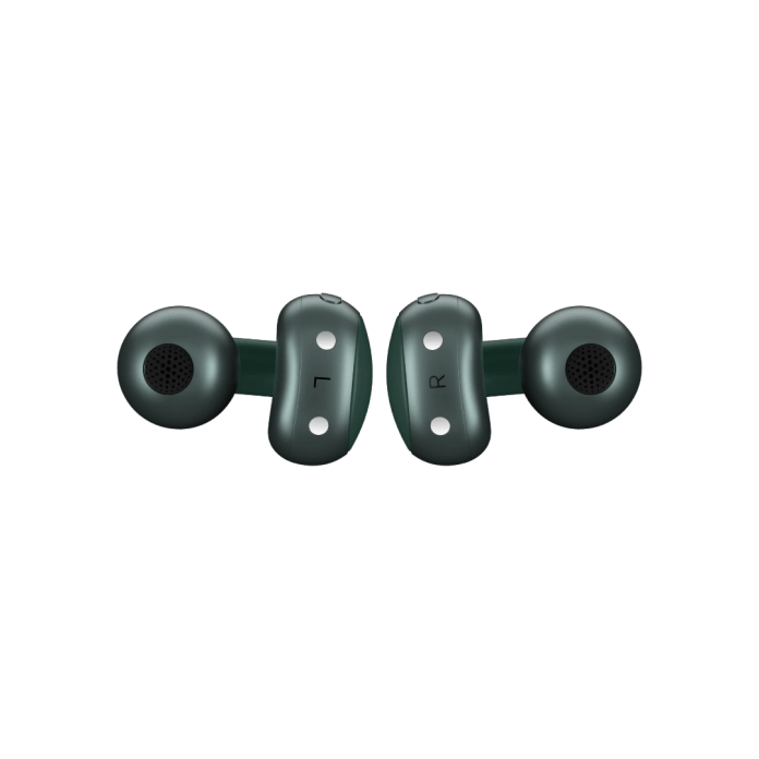 A pair of green open-ear earbuds from Motorola, featuring buttons and a sleek design.