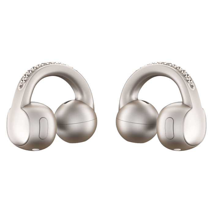 A pair of moto buds loop open-ear headphones featuring a sleek design with a shiny silver finish and crystal accents.