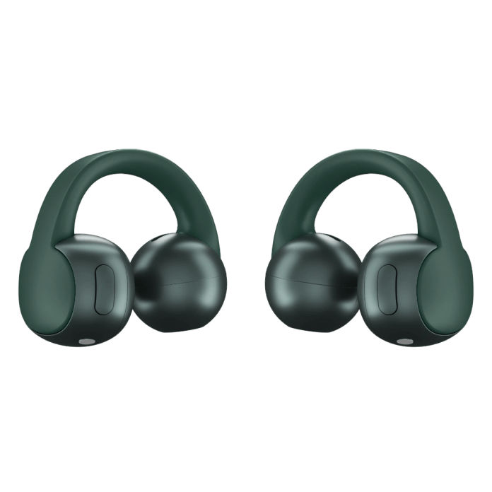 A pair of moto buds loop earbuds in Trekking Green, designed with an open-ear style for ambient awareness and premium sound.