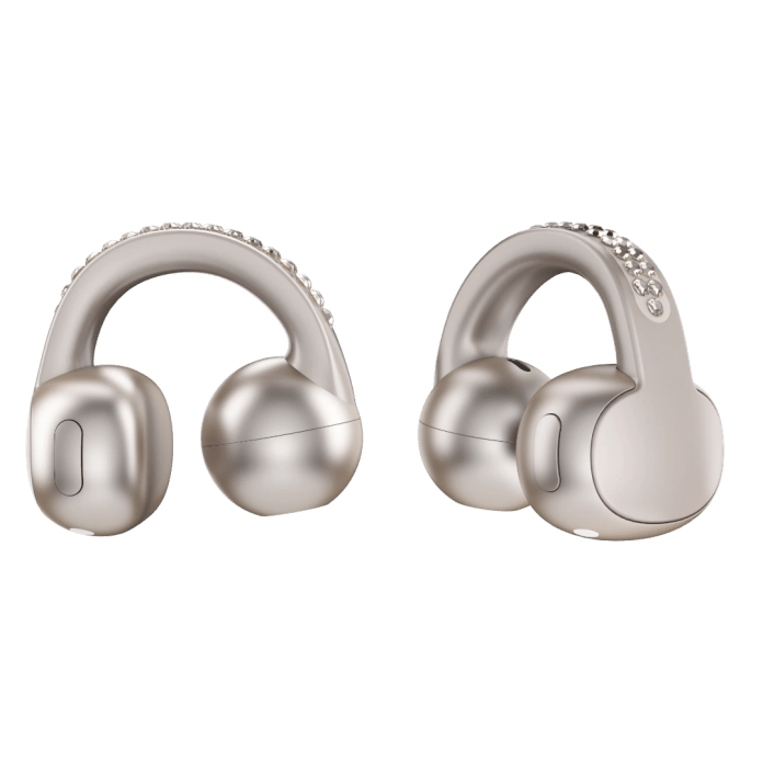 A pair of moto buds loop open-ear earbuds in a sparkling silver finish, featuring a unique design with a luxurious touch.