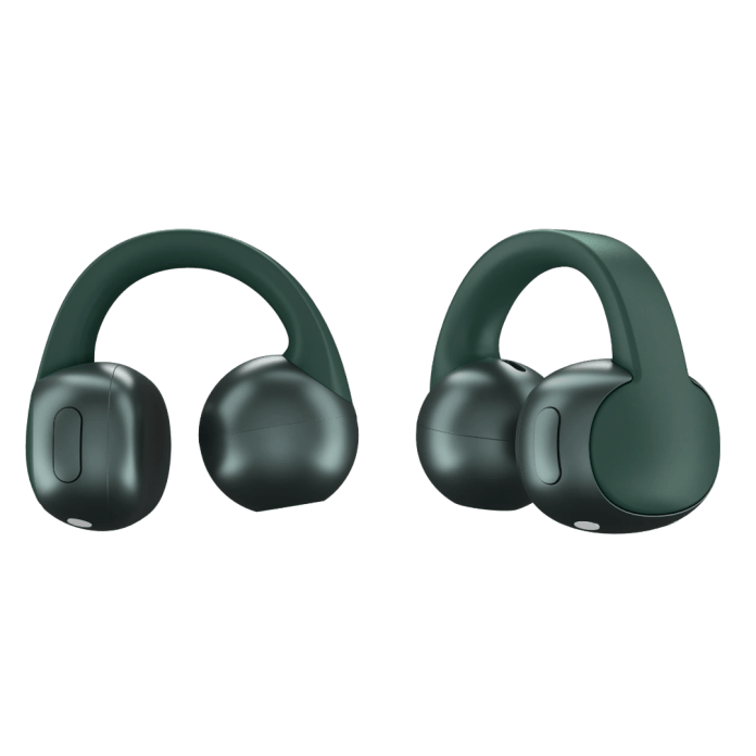 Open-ear earbuds in Trekking Green color, designed for ambient awareness and premium sound, featuring a modern and stylish look.