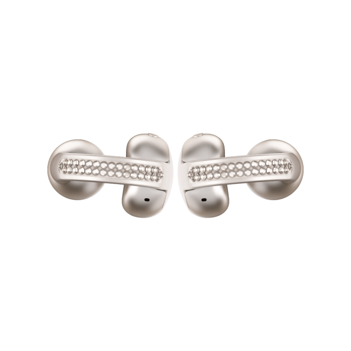 A pair of Motorola moto buds loop open-ear earbuds with a crystal-studded design, highlighting their premium look and style.
