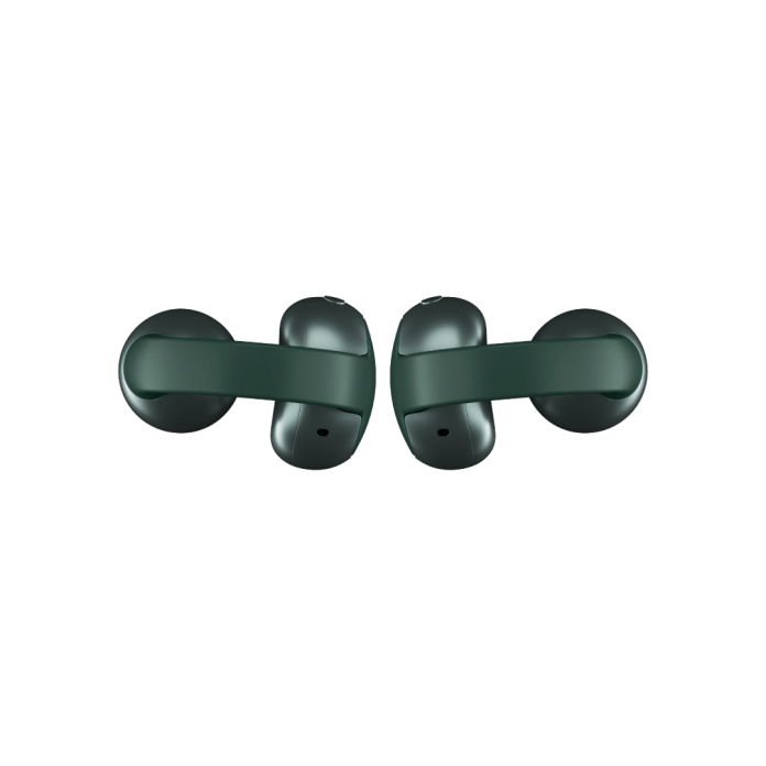 A pair of green open-ear wireless earbuds designed by Motorola, featuring a sleek and modern aesthetic.