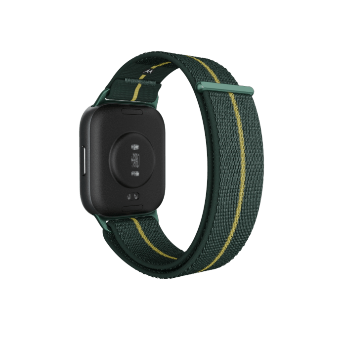 A Motorola smartwatch featuring a black rectangular face and a green fabric strap with yellow accent lines.