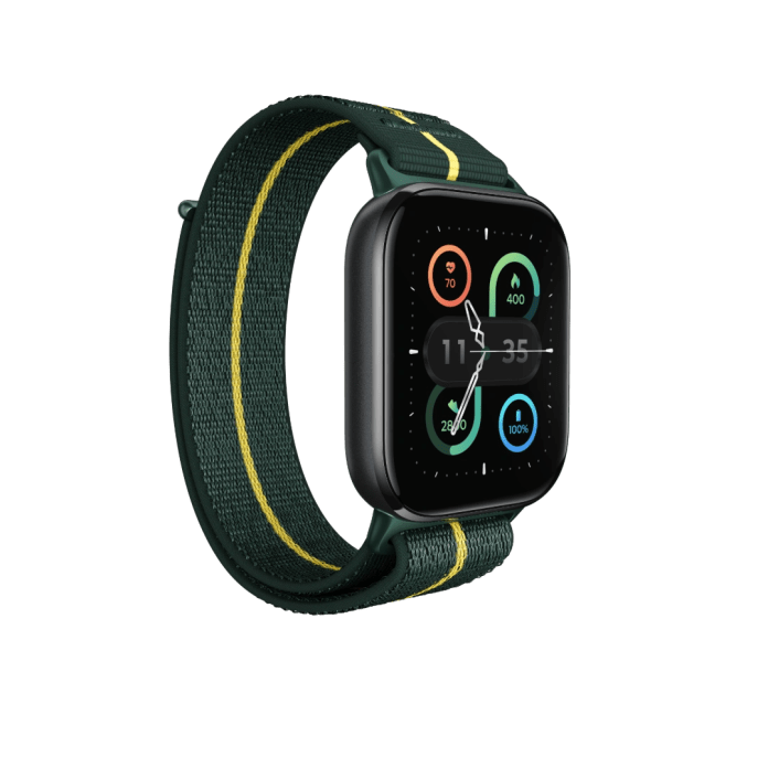 A green and yellow striped smartwatch displaying various fitness stats, including heart rate, calories burned, and battery life, against a transparent background.