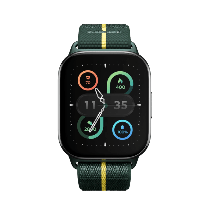 Close-up view of the Moto Watch Fit displaying heart rate, activity tracking, and battery life on its screen, with a green strap featuring yellow accents.