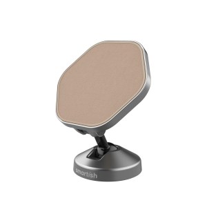 MagSafe-compatible car mount by Smartish with a sleek design and adjustable head, featuring a beige surface and a zinc alloy base.
