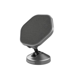 A Smartish car mount featuring a textured black surface and a silver base, designed for secure phone holding and adjustable positioning.