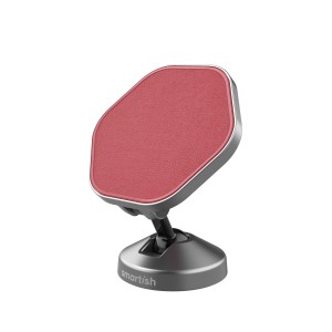 Smartish MagSafe-compatible car mount with a sleek, octagonal design and a red leather surface, mounted on a sturdy base.