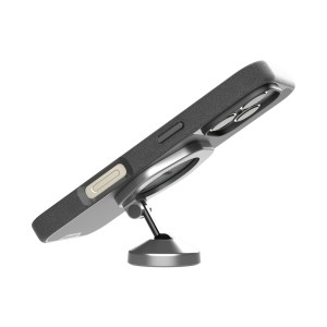 Side view of a smartphone mounted on a sleek, adjustable car mount with a zinc alloy body and MagSafe compatibility.