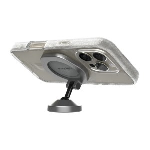 A close-up view of a Smartish car mount with a zinc alloy body and MagSafe-compatible magnetic face, securely holding a phone with a clear case.