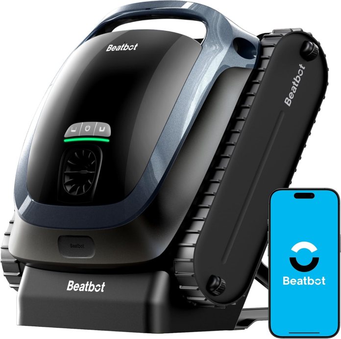 A close-up view of the Beatbot AquaSense 2 Ultra robotic pool cleaner alongside a mobile app displaying the Beatbot logo.