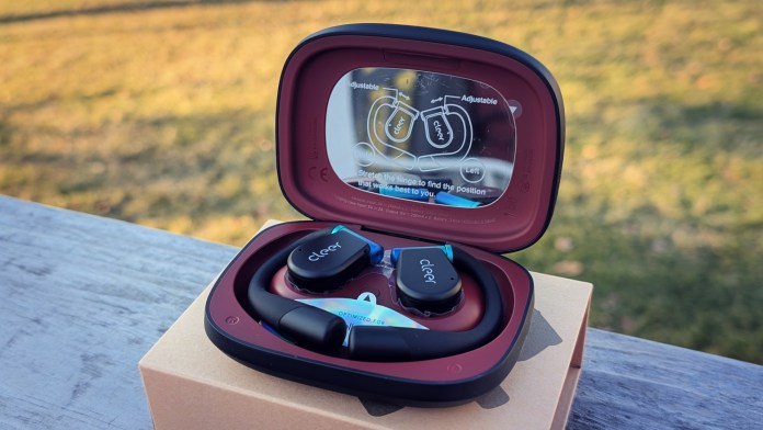 A pair of Cleer ARC 3 gaming earbuds displayed in their case, showcasing adjustable features and ergonomic design, ideal for immersive gaming experiences.
