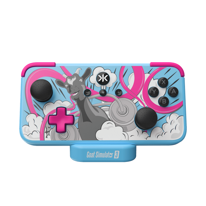 A colorful GameSir Super Nova controller featuring a whimsical design inspired by Goat Simulator 3, with a goat graphic and vibrant pink and blue accents.