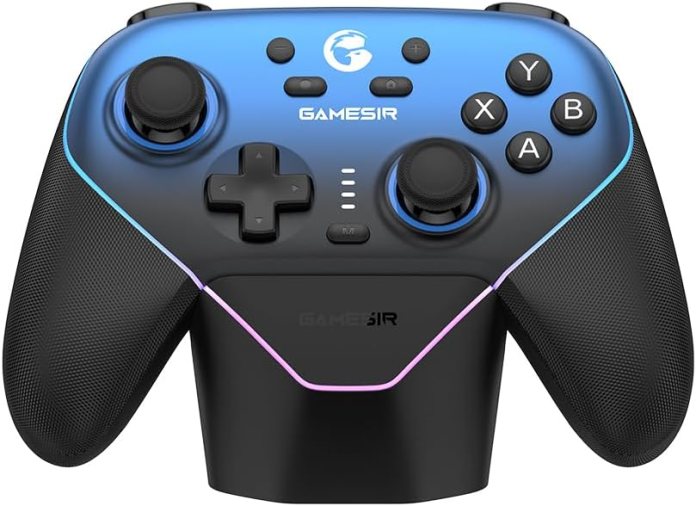 GameSir Super Nova wireless gaming controller featuring a black and blue design with ergonomic grips and multiple action buttons.