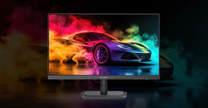 A sleek INNOCN 24.5-inch gaming monitor displaying a vibrant image of a colorful sports car surrounded by colorful smoke effects.