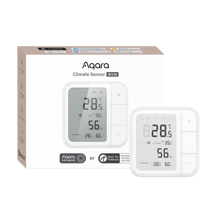 Aqara Smart Climate Sensor W100 in its packaging, displaying temperature and humidity readings.