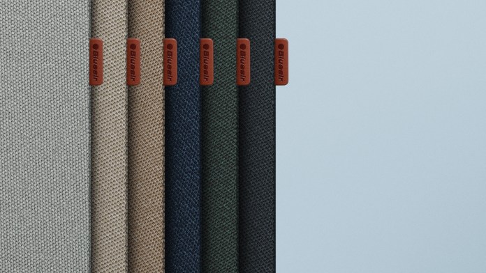 A variety of fabric pre-filters for the Blue Signature air purifier, displayed in different colors including grey, beige, navy blue, green, and black, with the Blueair logo visible.