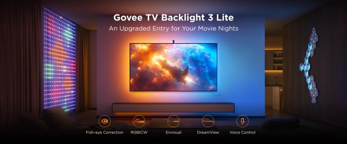A modern living room featuring the Govee TV Backlight 3 Lite, showcasing a TV with vibrant colors and a cozy ambiance created by dynamic lighting, suitable for enhancing movie nights.