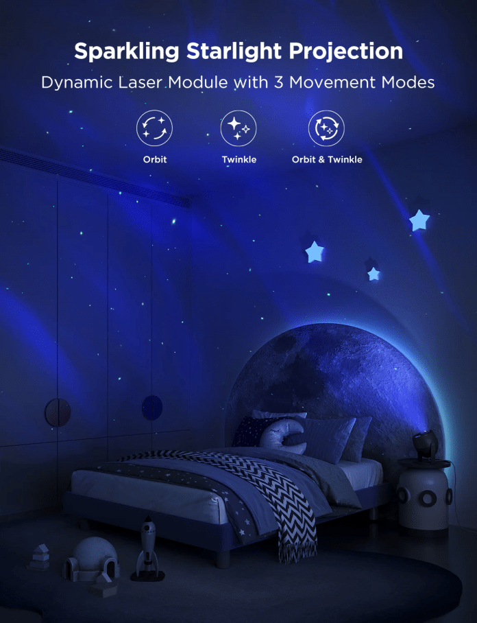 A cozy bedroom scene featuring a bed with star-themed bedding, illuminated by a dynamic starlight projection creating various celestial patterns on the wall. The room is dimly lit with blue tones and playful decorations like a moon-shaped cushion and a rocket toy.