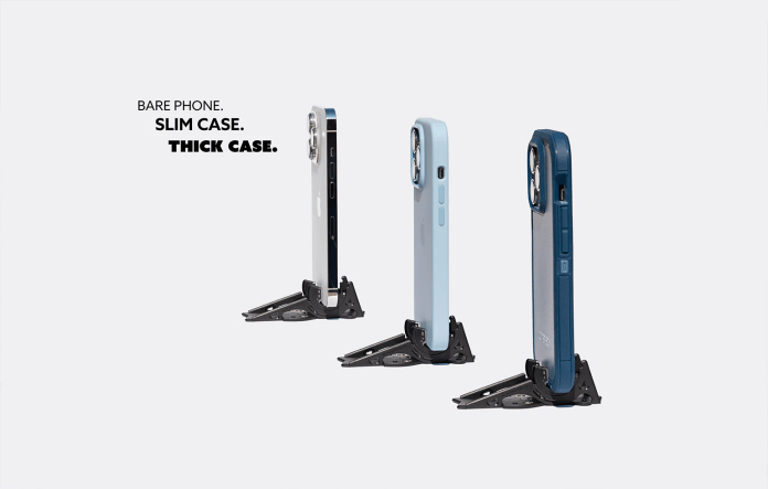 Three smartphone cases displayed in different styles (bare phone, slim case, thick case) on a stand, highlighting variations in protection and design.