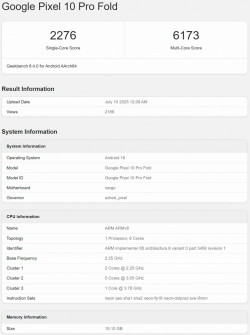 Google Pixel 10 Pro Fold pops up on Geekbench