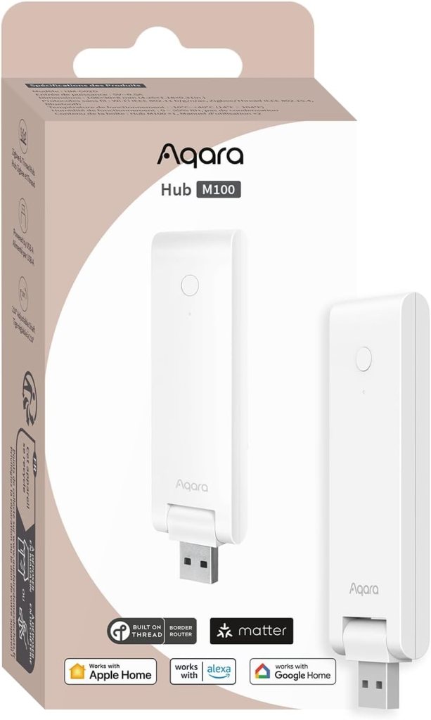 Aqara Smart Hub M100 packaging featuring the device, showcasing its compatibility with Apple Home, Alexa, and Google Home.