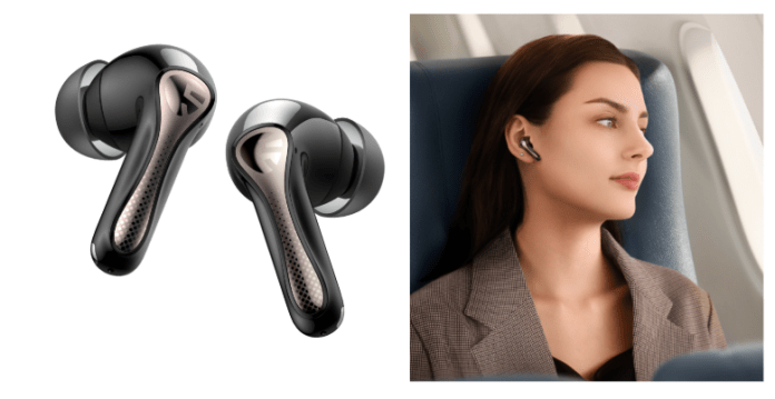 A pair of SoundPEATS Air5 Pro Wireless Earbuds displayed on the left, alongside a woman wearing the earbuds while seated on an airplane, showcasing their stylish design and comfortable fit.