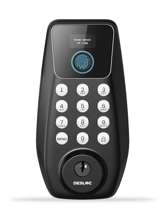 A front view of the Desloc C110 Fingerprint Smart Lock, featuring a digital keypad, fingerprint sensor, and a keyhole, designed for enhanced home security.