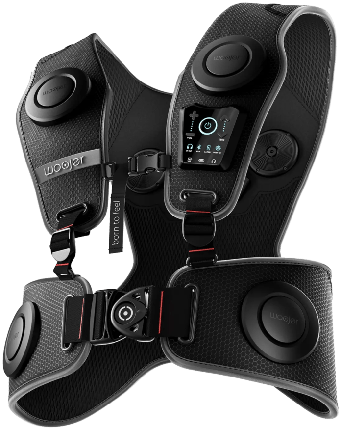 Woojer Vest 3, a haptic feedback vest featuring six transducers for immersive audio experiences in gaming and entertainment.
