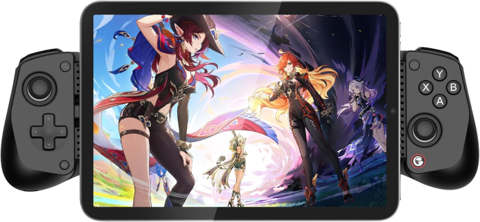 A handheld gaming device featuring a screen displaying animated characters, flanked by two game controller grips.